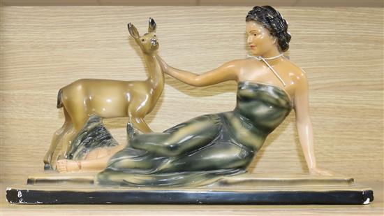 An Art Deco figure of a lady and a deer, signed, width 52cm height 28cm